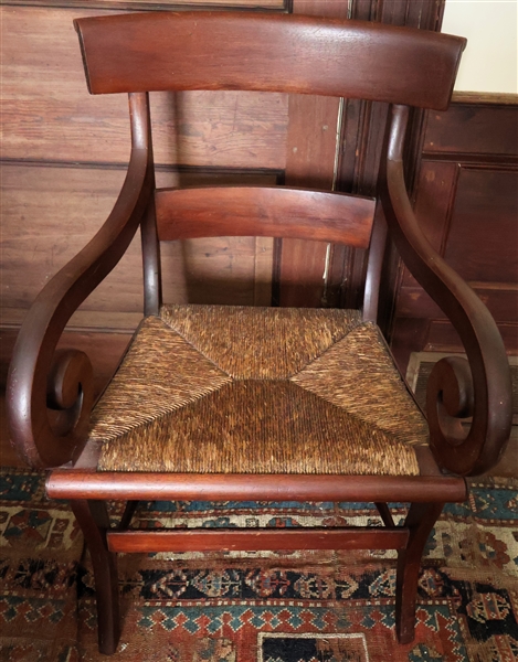 Mahogany Klismos Style Arm Chair - Rush Bottom - Scrolled Arms - Measures 37 1/2" tall 23 1/2" by 18" 