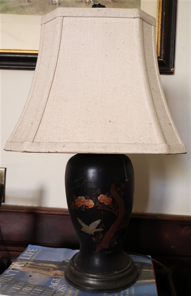 Asian Pottery Vase Style Table Lamp with Flowers and Birds - Wood Base - Chip Near the Bottom Rim - Measures - 20" to Bulb