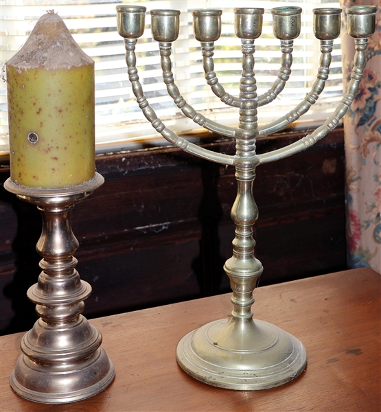 Solid Brass Menorah and Baldwin Brass Candle Holder - Menorah Measures 13" Candle Stick Measures 7 1/2"