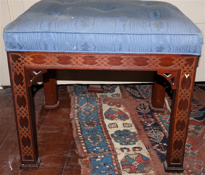 Kindel Furniture Chinese Chippendale Style Mahogany Stool with Button Tufted Top - Lattice Work Details - Made in Grand Rapids Michigan - Measures 16" tall 16" by 18" 