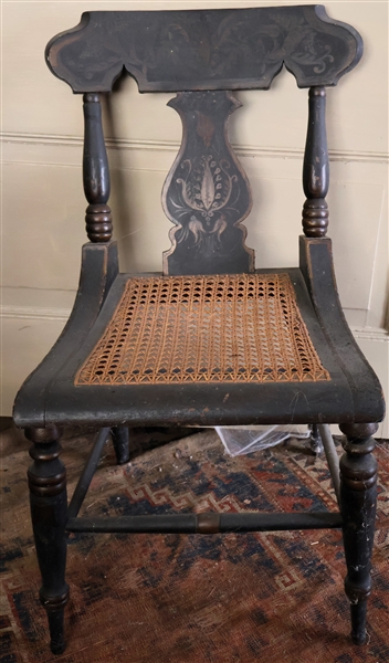 Black and Gold Stencil Decorated Side Chair - Cane Bottom - Stenciling on Back has Faded - Chair Measures 32" Tall 