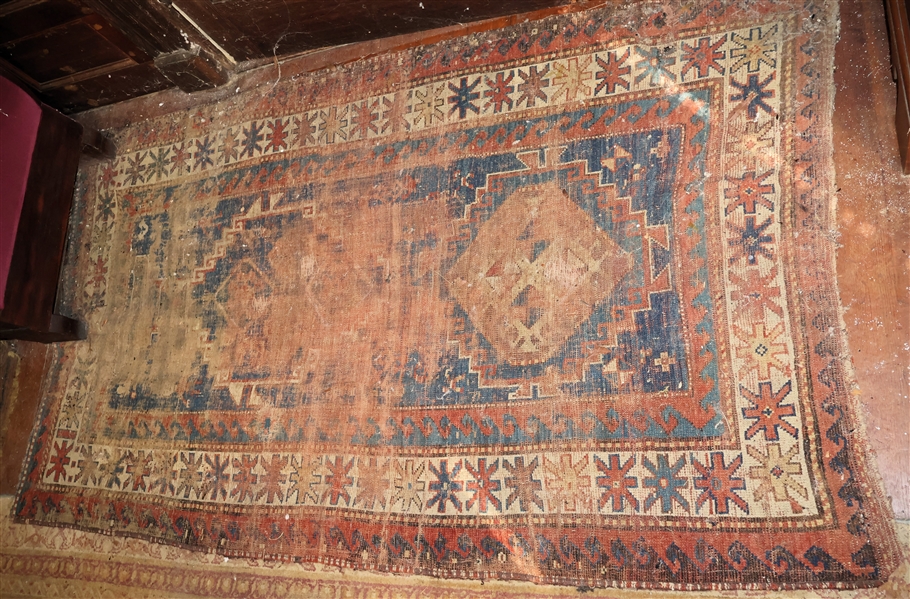 Handwoven Oriental Carpet - Red, Blue, and White - Measures 78" by 43" - Overall Wear - Needs Cleaning