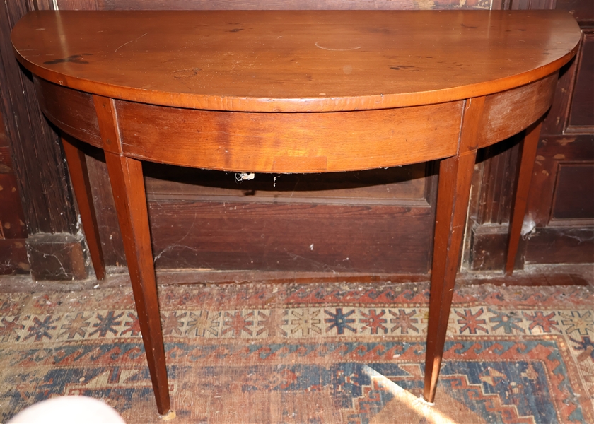 Walnut and Yellow Pine Inlaid Tapered Leg Demi Lune Banquet End Table - Measures 29" Tall 24" by 48"