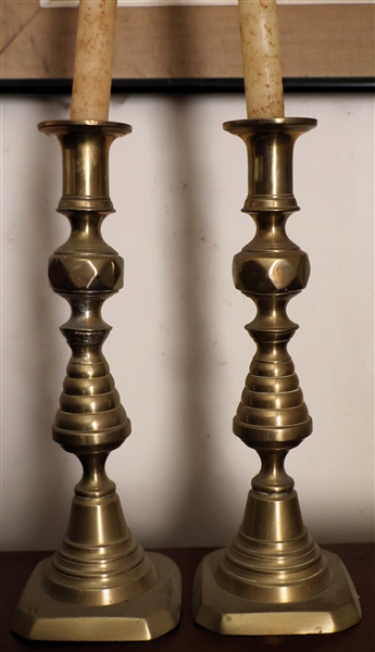 Pair of Antique Brass Bee Hive Candle Sticks - Measuring 10" Tall 