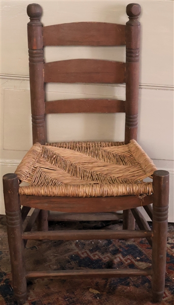 Handmade Ladder Back Chair - Hand Carved - Original Finish- Unusually Woven Rush Bottom - Measures 16 1/2" to Seat 