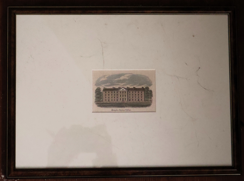 Framed Hand Colored Miniature Print of Hampden Sydney College - Framed with Large Mat - Frame Measures 10" by 14" - Print Measures 3" by 4" 