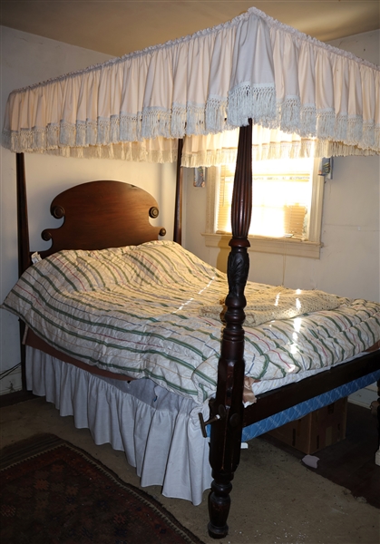 Full Size Walnut Teester Bed - Plain Pencil Posts on Headboard and Fancy Reeded Wheat Carved Food Board Posts - Headboard Posts are Plain - Designed to Be Hidden by Bed Curtains - No Bedding 