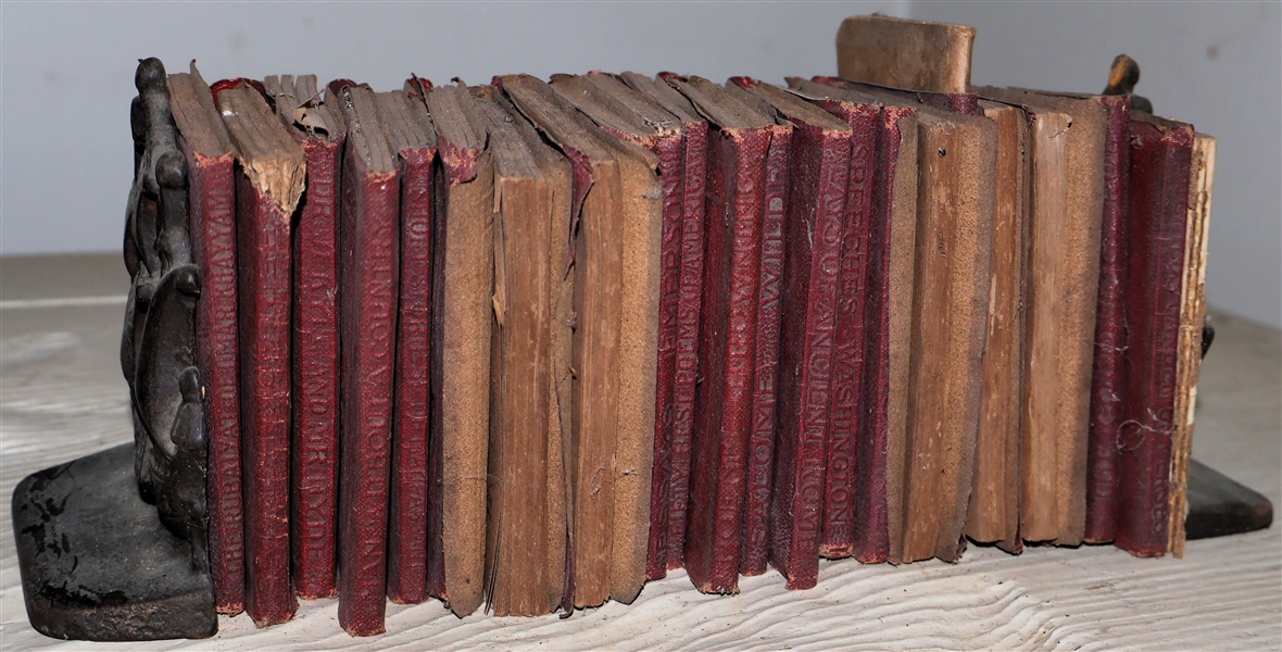 Pair of Cast Iron Ship Bookends and 24 Miniature Leather Bound Books - Bookends Measure 4" Tall 