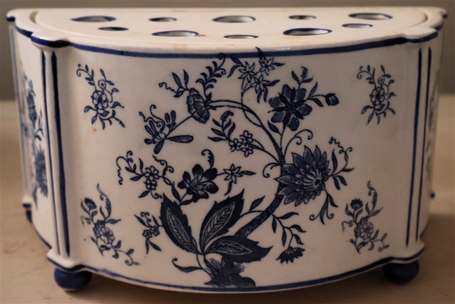 Blue and White Porcelain Demilune Planter with Lift Off Top - Measures 5 1/2" Tall 10 1/2" by 5 1/2"