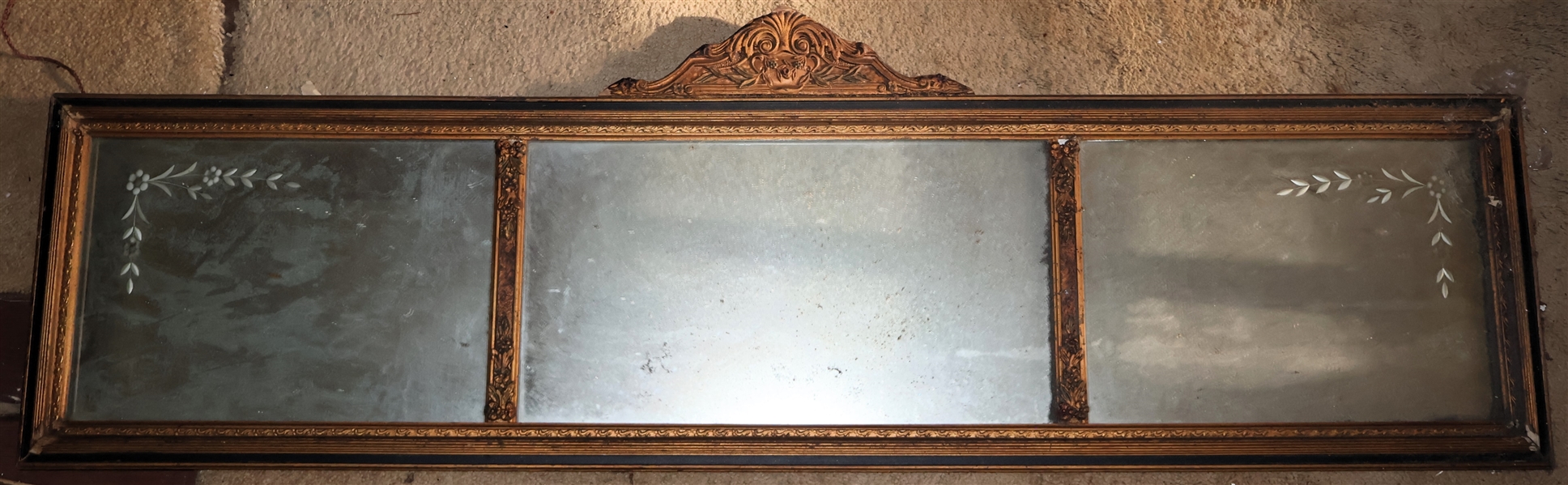 Pretty Gold Gilt 3 Section Mirror - Floral Crest - Flower and Leaf Etched Panels - Measures 49" by 12 1/2" Not Including Crest