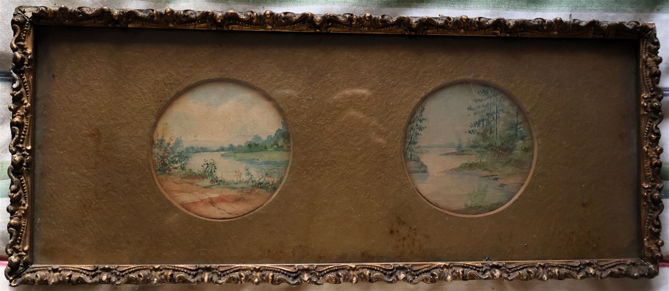 2 Miniature Watercolor Paintings in Gold Gilt Frame with Gold Mat - Frame Measures 5 1/4" by 12 3/4" - Each Painting Measures 2 3/4" Across