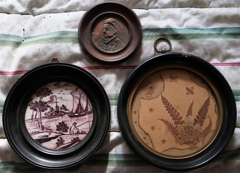 3 Round Framed  -Pressed Flowers, Embossed Copper "Sweet Victoria", and Harbor / Ship Scene on Porcelain - 2 Larger Frames Measure 7", 6 1/4", and 4"