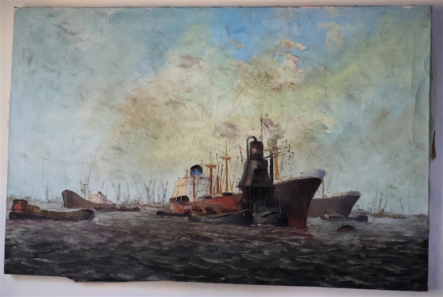 JH Stermer Oil on Canvas Painting of Barges and Tug Boats  - Not Framed - Canvas Measures 24" by 36" 