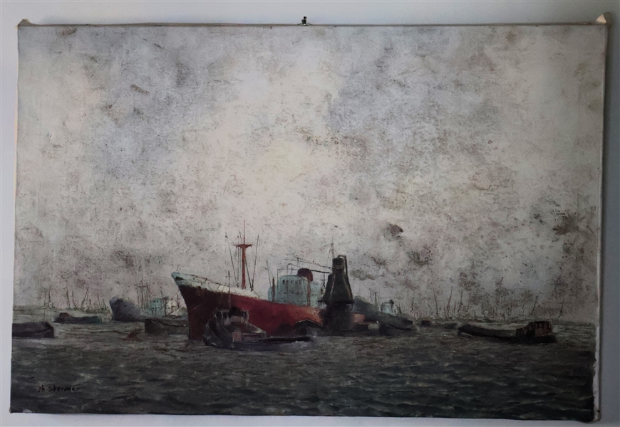 JH Stermer Oil on Canvas Painting of Commercial Ships and Tug Boats - Not Framed - Canvas Measures 24" by 36" 