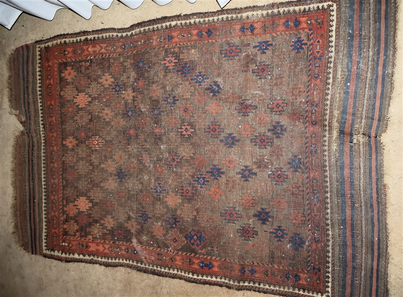 Hand Woven Rug - Very Thin - Diamond Patterns - Very Worn - Needs Cleaning - Measures 67" by 42"