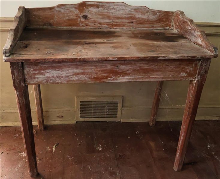 Country Primitive Wash Table with Back Splash - Chamfered Legs - Red and White Paint - Measures 30" Tall 39 1/2" by 23" - Measures 35" tall with Backsplash 