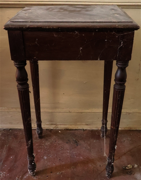 Mahogany Side Table with Drawer - Reeded Legs - Measures 27 1/2" tall 16 1/2" by 13" - Drawer is Stuck Closed - Some Veneer Needs Repair