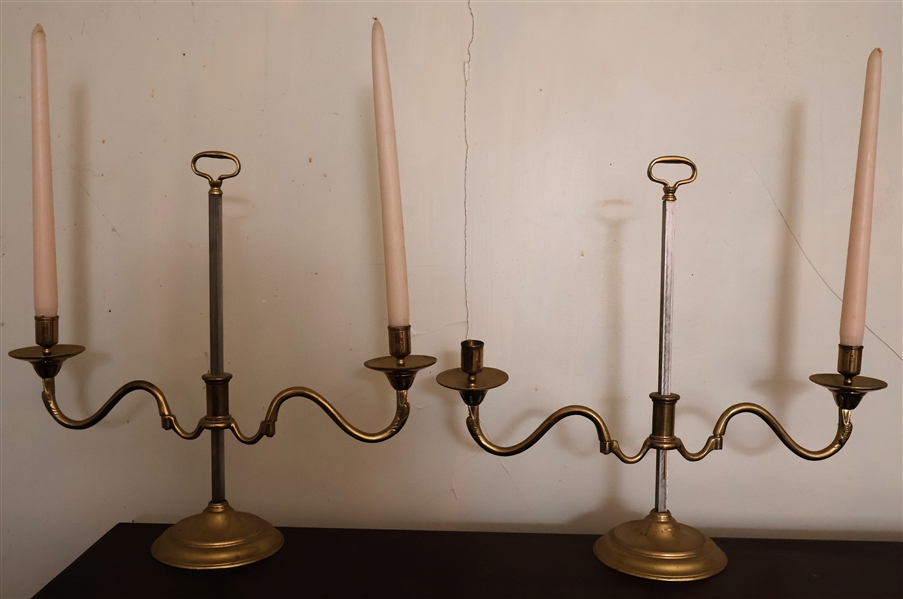 Pair of Brass 2 Light Virginia Metalcrafters Williamsburg Candle Sticks - Adjustable Height - Removable Arms - Each Measures 15 1/2" Tall