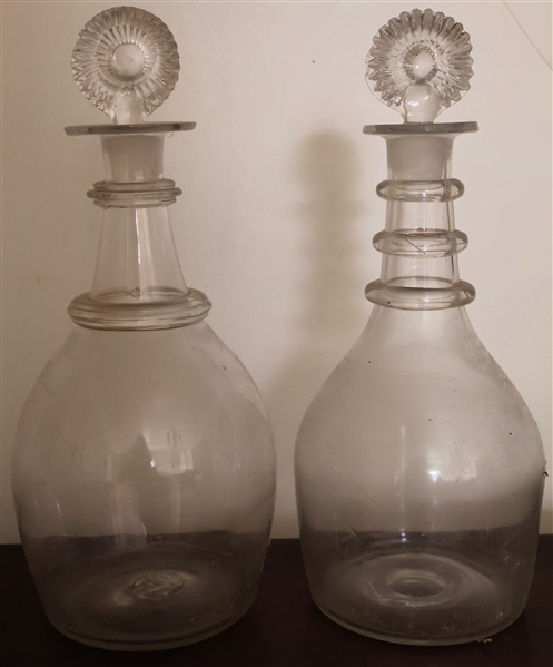 Coordinating Pair of Antique Glass Decanters - Applied Rings - Measuring 11" Tall - 1 Stopper Is Chipped