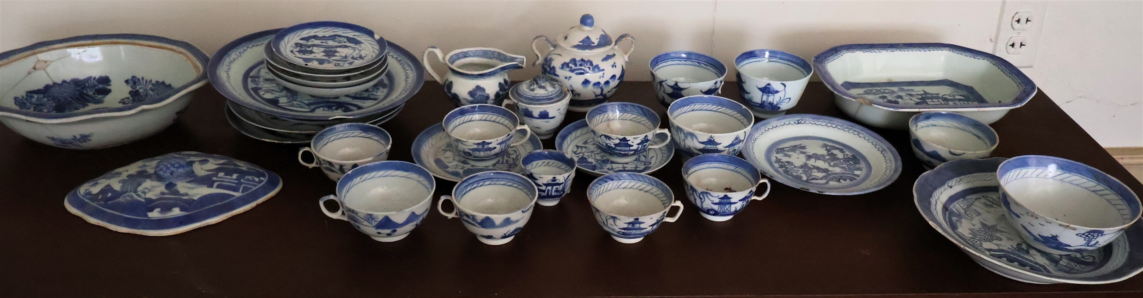 Blue and White Chinese Export Lot including Cup & Saucer Sets, Plates, Platters, Cream & Sugar, and Bowls -Pieces are Damaged 