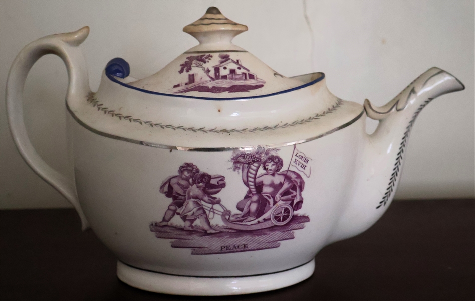 Louis XVIII Transferware Tea Pot - Purple, Blue, and Gold Accents - Measures 6" tall 11" Spout to Handle