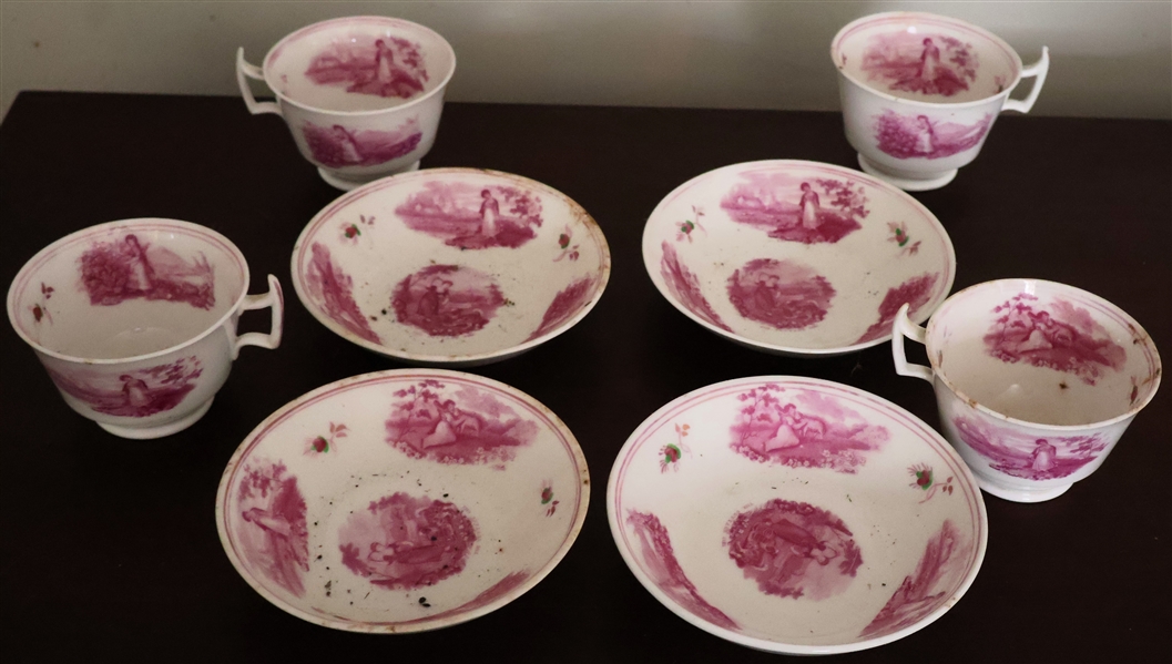 4 - "Cottage Girl" Transferware Cup and Saucer Sets - Circa 1840 