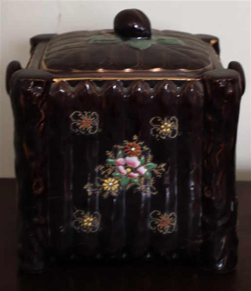 Brown Biscuit Jar with Enamel Painted Floral Decoration - Measures 6" Tall 7" by 7" 