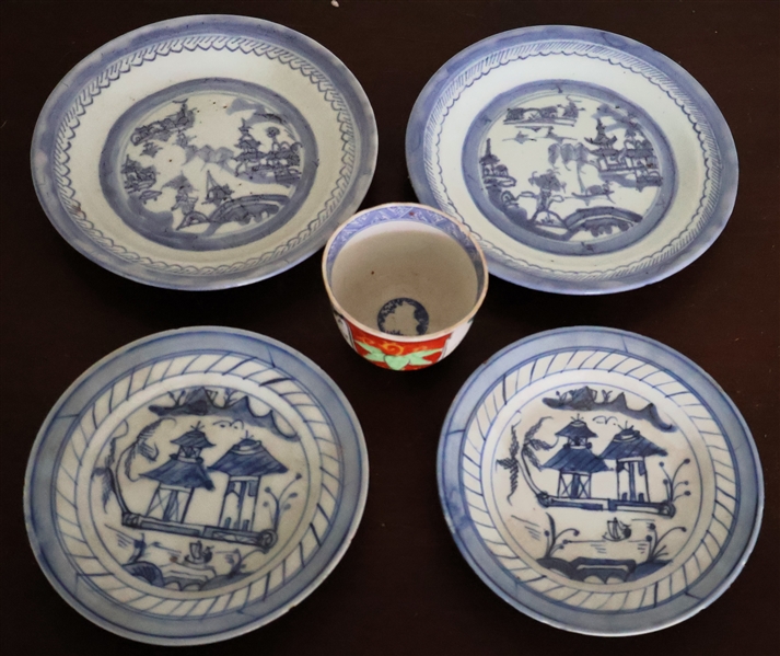 5 Pieces of Antique Chinese Export Porcelain - 4 Blue and White Canton Plates - Largest Measuring 7" and Small Bowl / Cup Measuring 2 1/2" Tall 3" across