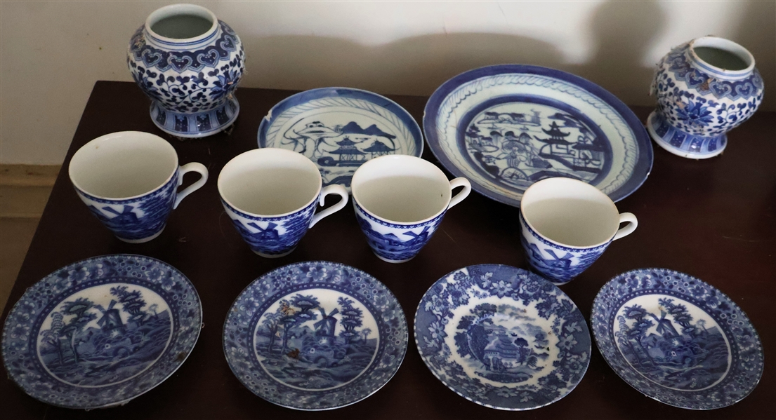 12 Pieces of Blue and White China - 2 Small Modern Ginger Jars, 4 Cup and Saucer Sets, and 2 Canton Plates - Both with Minor Damage