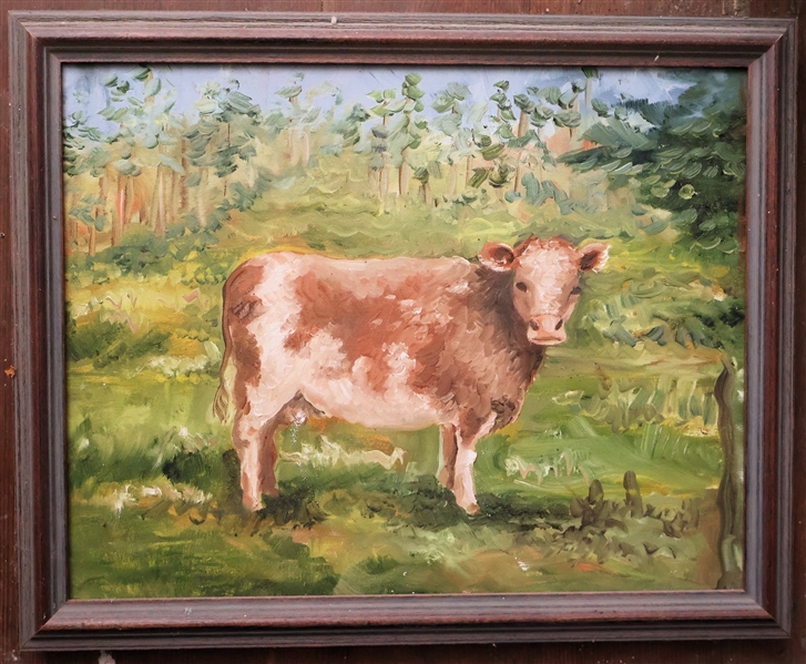 Oil on Canvas Painting of a Brown Cow - Framed - Frame Measures 12 5/8" by 15 1/2" 