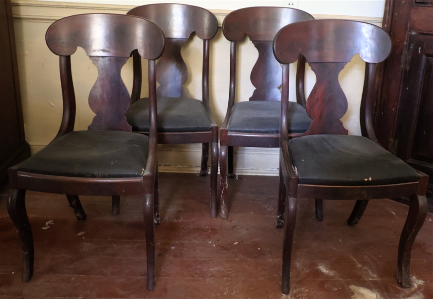 4 Flame Mahogany Side Chairs - Cabriole Legs - Black Upholstered Seats 