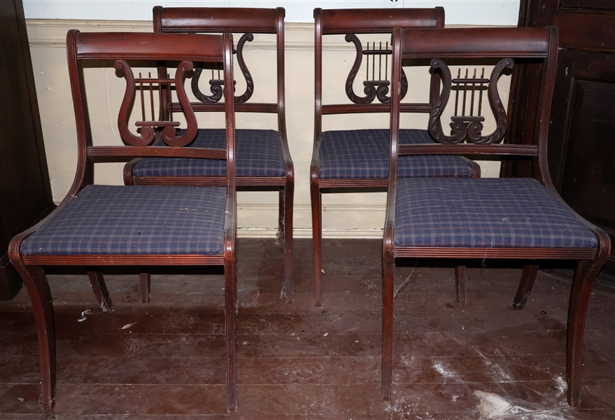 4 Matching Mahogany Harp Back Chairs - 1 Harp is Slightly Different - Plaid Upholstered Seats 