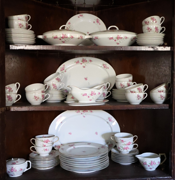 83 Pieces of H&C Bavaria China - White with Pink Flowers, Gold Trim - Pieces include Platters, Dinner Plates, Covered Bowls, Gravy, and Cup and Saucer Sets