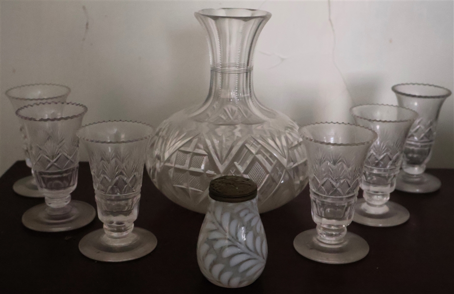 Fern Leaf Opalescent Glass Shaker and Cut Glass Decanter and Cordial Set - Decanter Has Chip on Rim