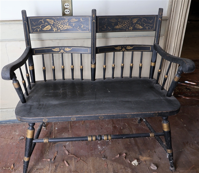 Black and Gold Stencil Decorated Courting Bench - Turned Legs with Ball Feet - Measures 35" tall 36" by 18" 