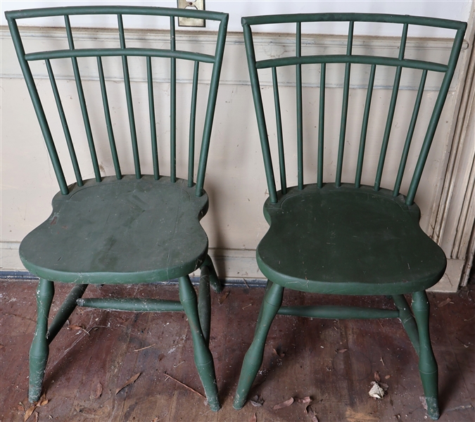 Pair of Green Painted Plank Bottom Birdcage Windsor Chairs 