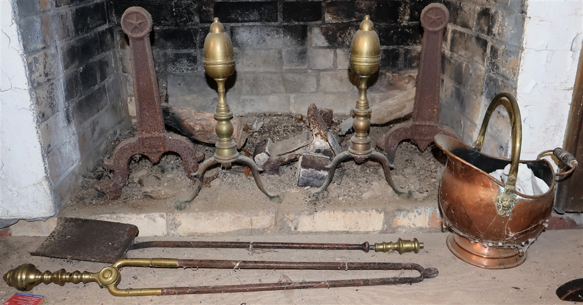 Fireplace Set - 2 Pairs of Andirons, Copper and Brass Skuttle, Shovel, and Fire Tongs