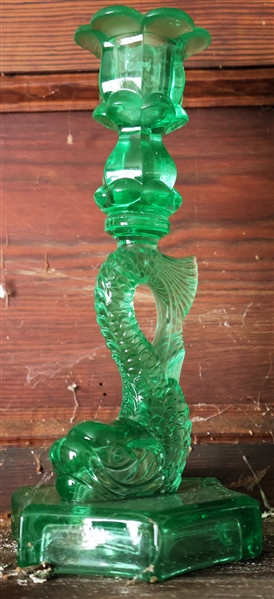 Bright Green Glass Dolphin Candle Stick - Measures 9" Tall 