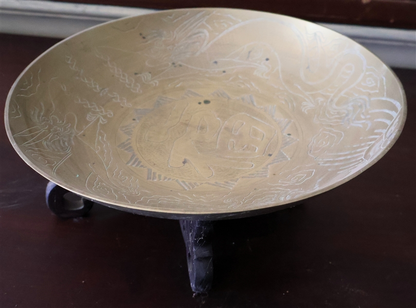 Chinese Brass Bowl with Wood Stand - Engraved Dragons and Chinese Characters  - Bowl Measures 12" Across