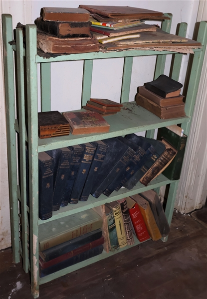 Green Painted Book Shelf and All Books - Shelf Measures 35" tall 24" by 8 1/2" 