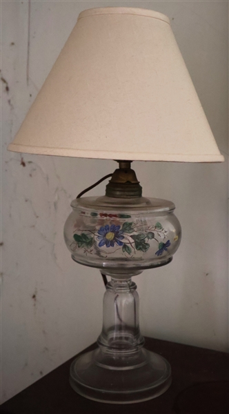 Oil Lamp with Blue Painted Flowers - Has Been Electrified