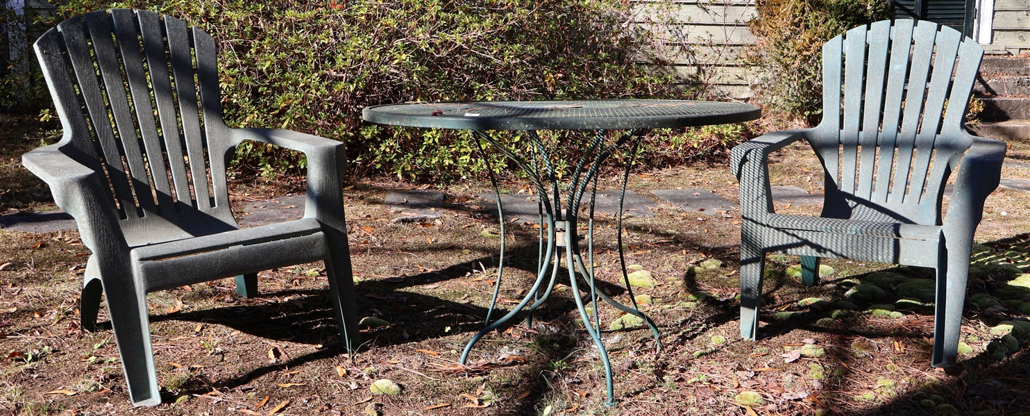 Round Metal Patio Table and 2 Plastic Adirondak Chairs - Table Measures 26" tall 42" Across