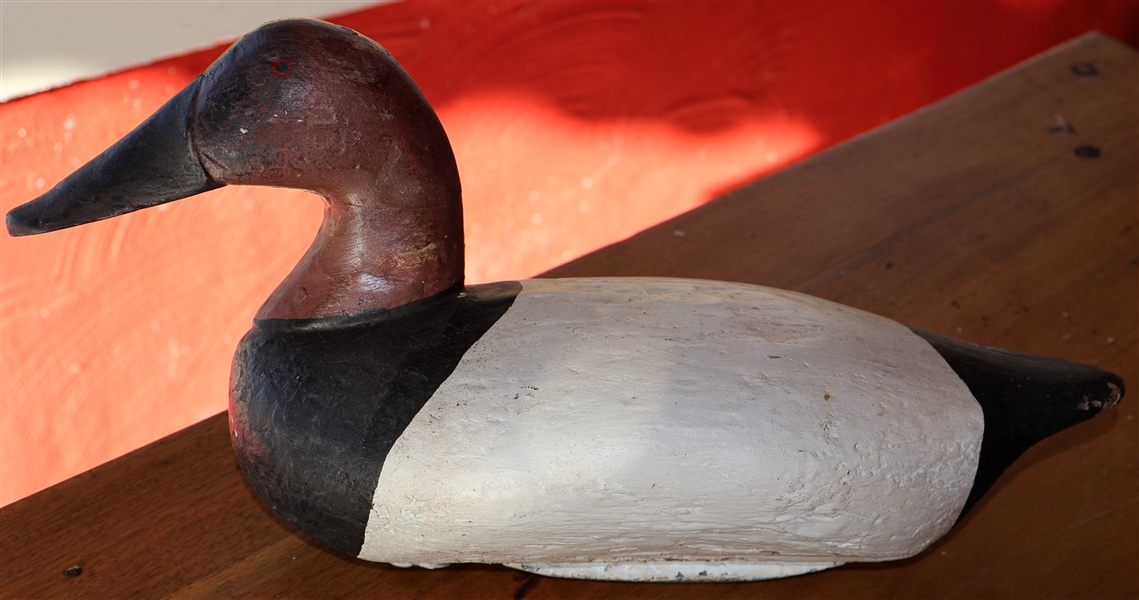 Antique Hand Carved and Hand Painted  Canvasback Duck Decoy with Original Lead Weight - Measures 7" tall 15 1/2" Beak to Tail 