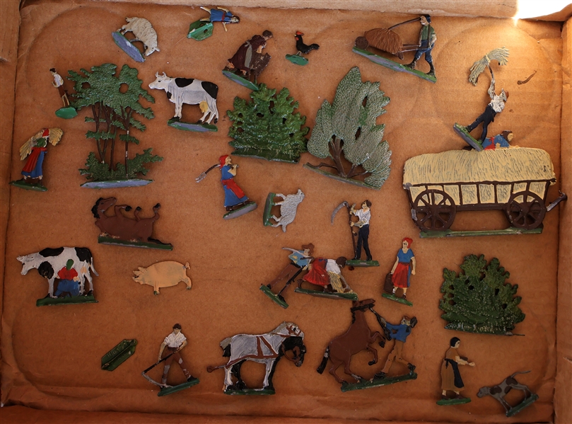 Collection of Turn of The Century Lead Farm Figures including Farmers, Horse Trainer, Big, Sheep, Cows, Wagon, Trees, Etc. 