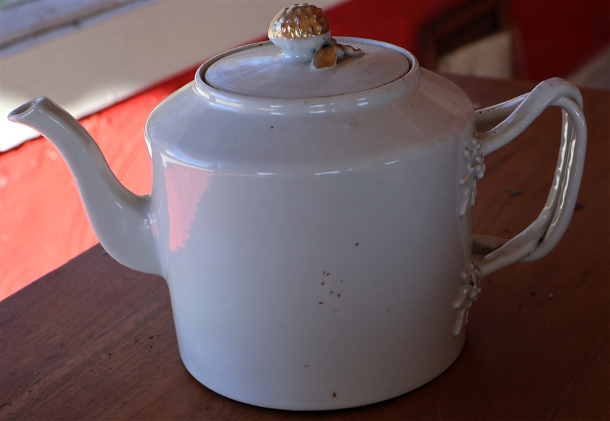 Eighteenth Century Chinese Export Tea Pot with Pineapple Finial - Twisted Handle - Gold Details on Lid - Measures 6" tall 10" Spout To Handle