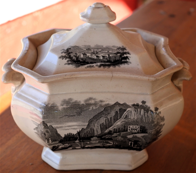 Rare and Unusual Transferware Small Tureen with American  "Undercliff Near Cold Spring" Scene - Signed on Bottom  - Measures 6" tall 7" by 5" 