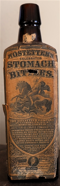 Hostetters Celebrated Stomach Bitters Bottle - Original Paper Labels on 2 Sides - Applied Top - Bottle Measures 9" Tall 