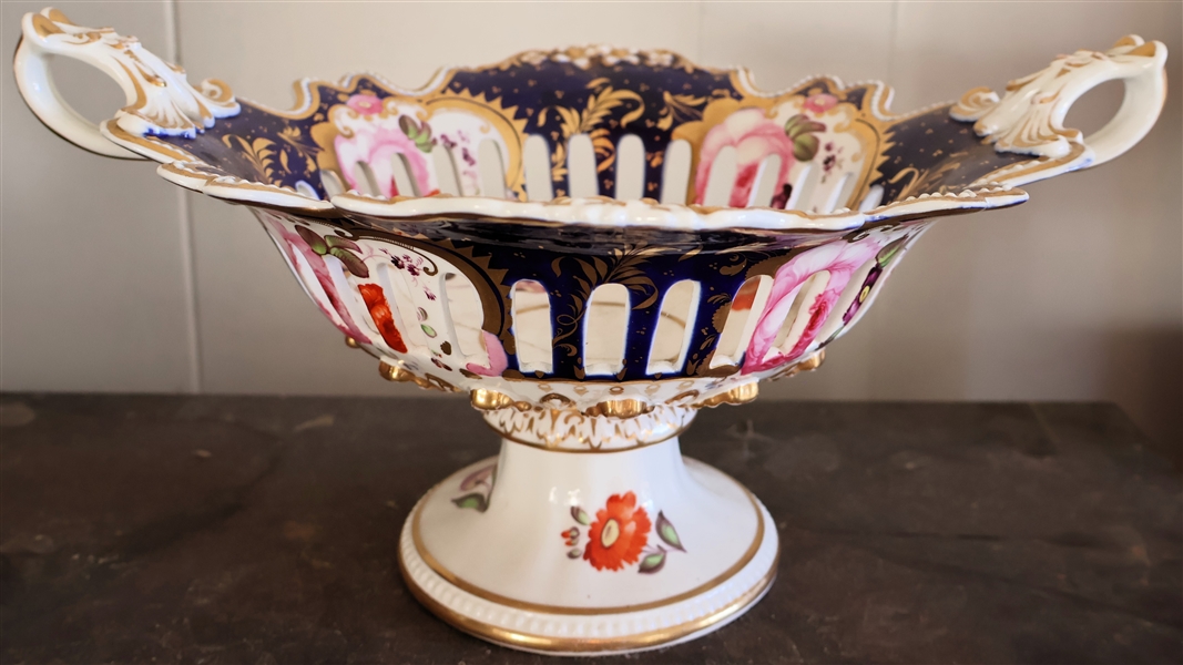 Beautiful Old Pairs Center Piece Bowl - with Pierced Sides - Hand Painted Flowers - Measures -7" Tall 14" Handle to Handle - 12" Across Has Crack 