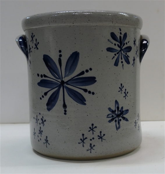 Rowe Pottery Works 2013 Blue Decorated Crock - Measures 8" Tall 7 1/2" Across