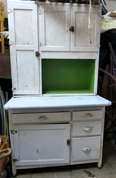 White Painted Hoosier Cabinet with White Enamel Top - Green Painted Interior - Measures 70" Tall 40" by 28"